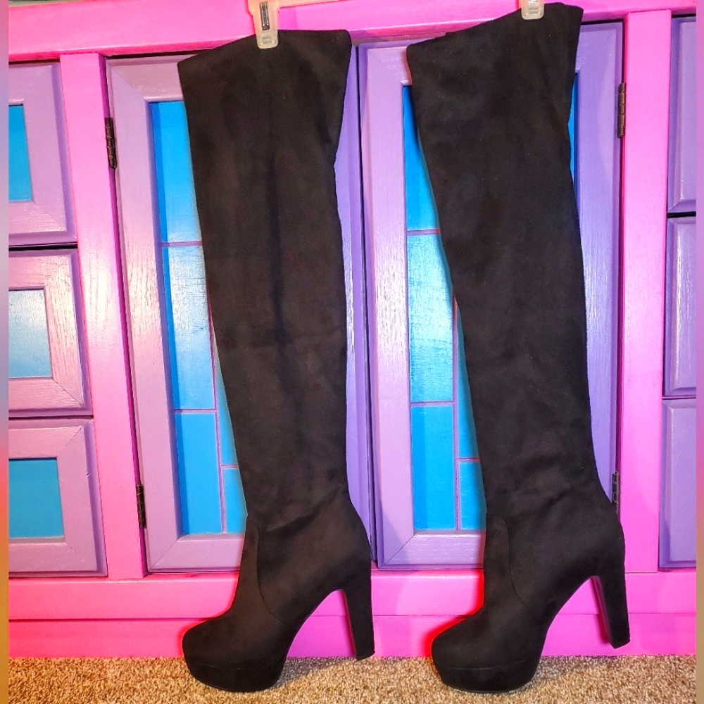 Over the knee suede, slip on, black chunky high heel boots size 9.5